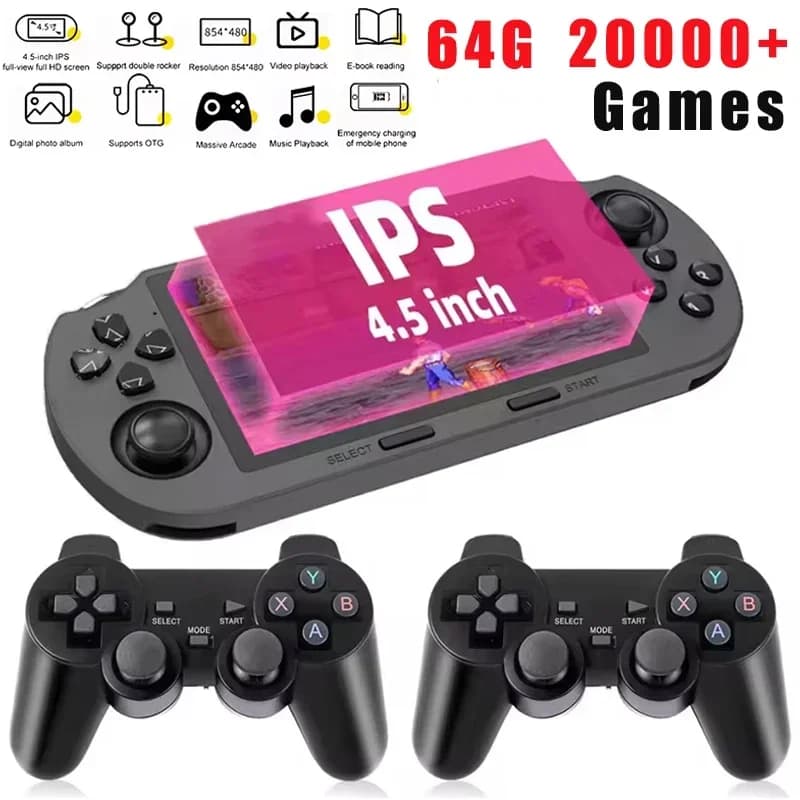 Game Player Handheld 4.5in IPS Screen Two Player Games+Game Handle Retro Video Game Console 64G 20000+ Game for PS1/GBA/SFC/MAME