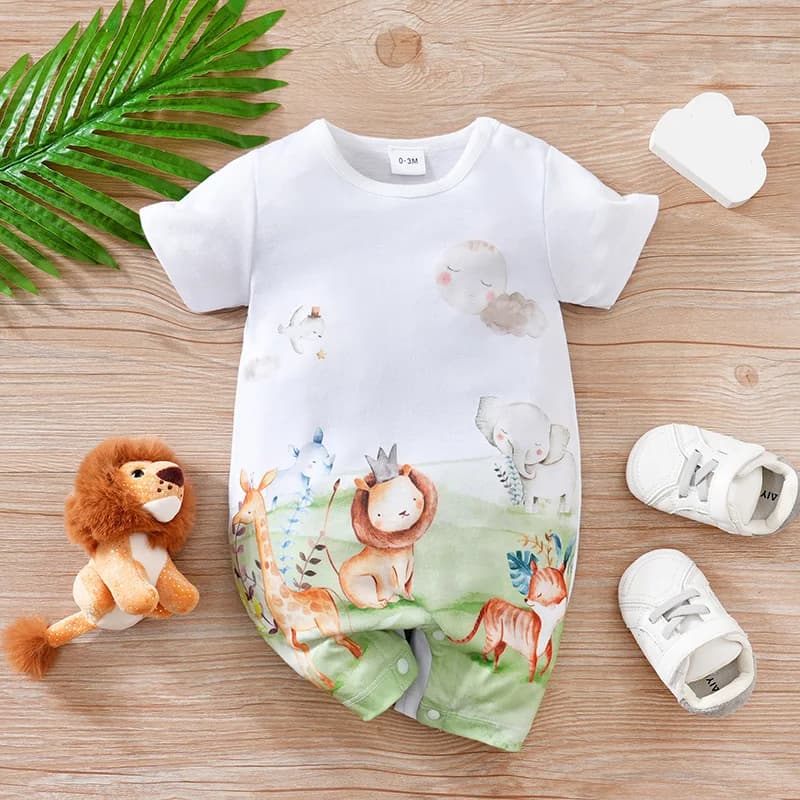 Newborn Clothing Cute Cartoon Animal Print Casual And Comfortable Soft Summer Boys And Girls 0_18 Short Sleeved Baby Jumpsuit