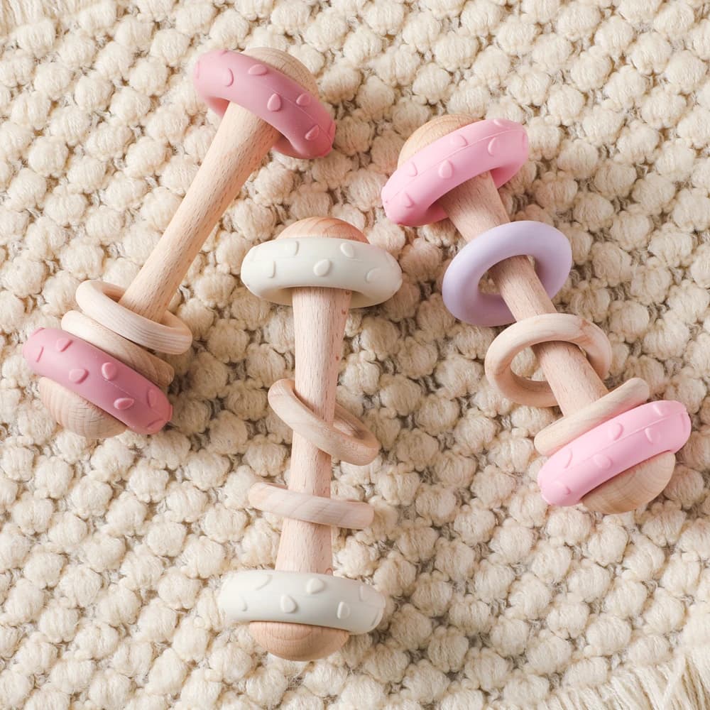 Baby Silicone Teething Toy – Upgraded Rattle, Natural Wood, Food Grade & Gnawable, Easy to Clean, Sensory Training for Infants