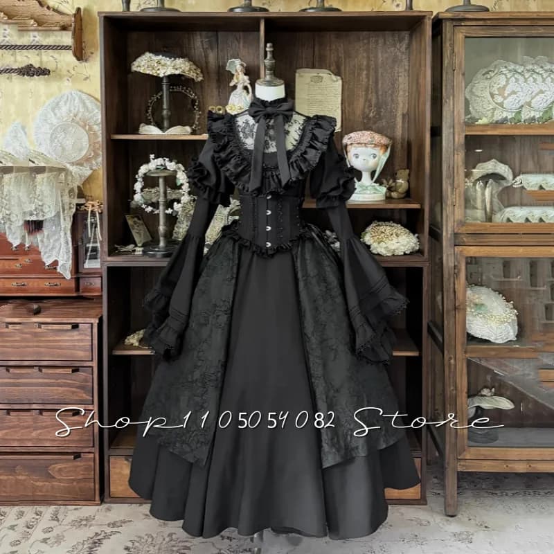 Medieval Gothic Black Prom Dress Long-Sleeved Flared Lace Ruffled Corseted A-Line платье вечернее Party Evening Gown Customized