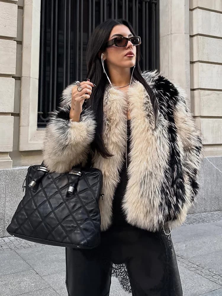 HH Women Faux Fur Effect Short Coat Winter O-Neck Long Sleeve Warm Outwear Female Hidden Buckle Multicolor Casual Fashion Jacket