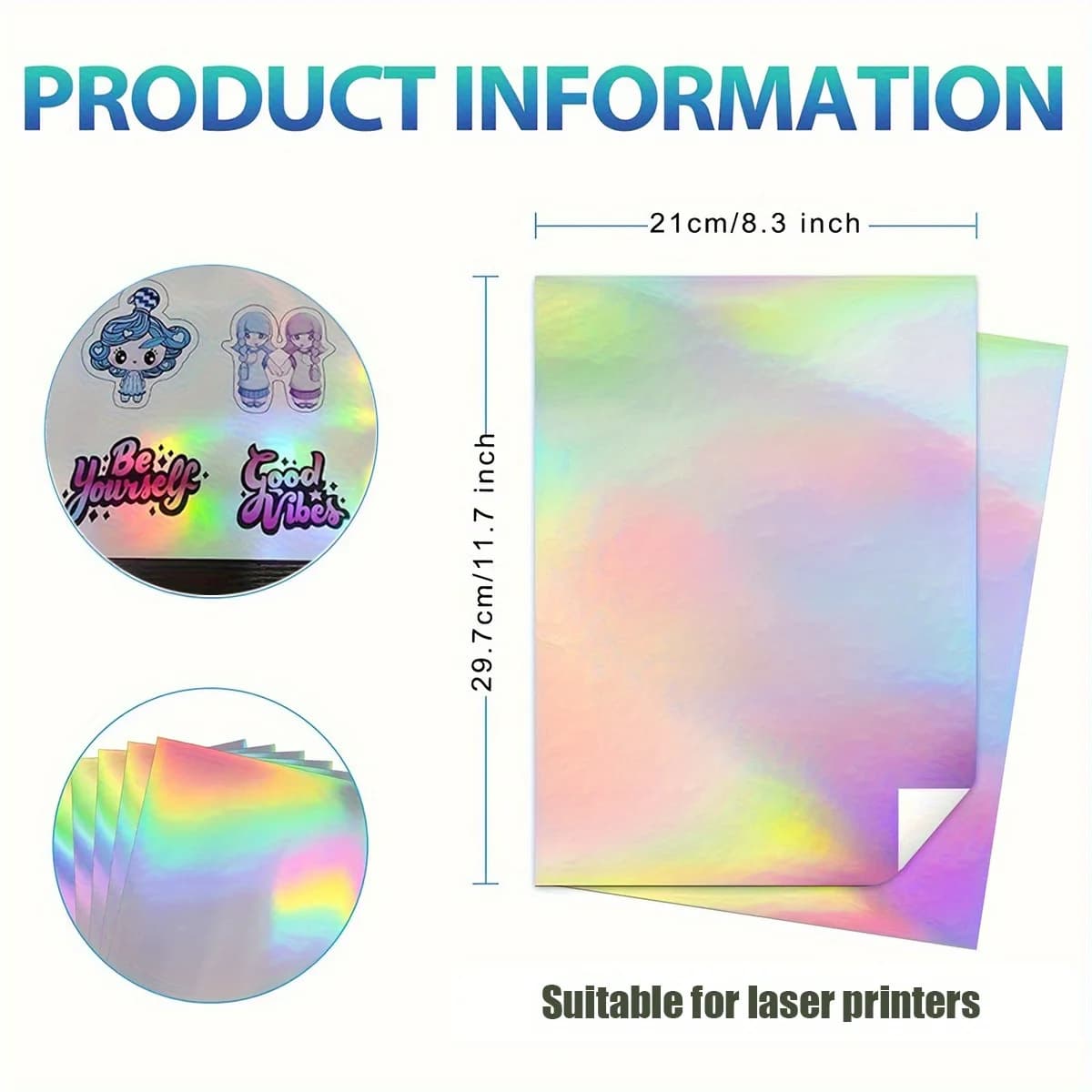 10 Sheets A4 Holographic Laser Paper, Waterproof PVC Self-Adhesive Vinyl Labels for Printer, Name Stickers, Office, Student & DI
