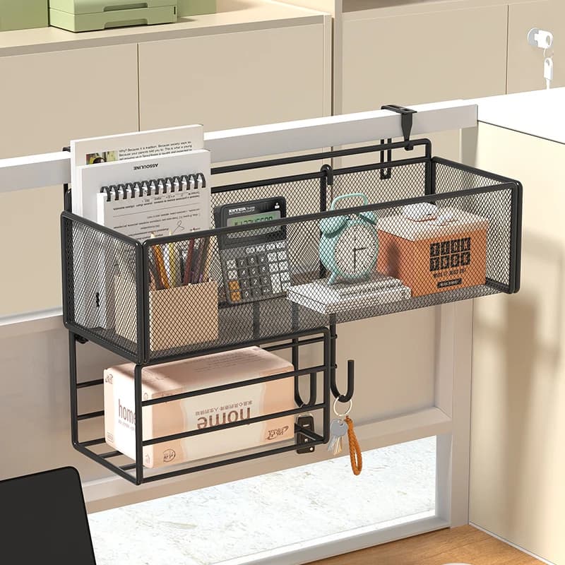 Office Partition Storage Rack / Workstation Organizer: Metal Desktop Divider Hanging Basket & Wall-Mounted Tissue Box Holder.