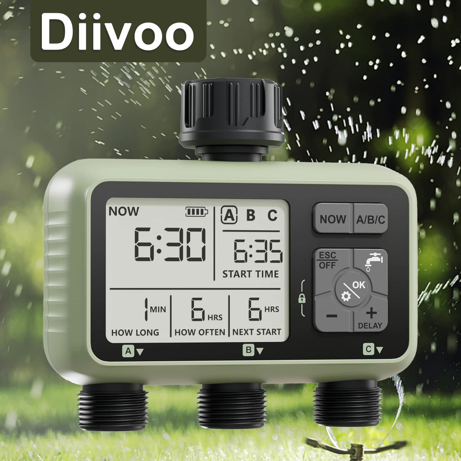 Diivoo Garden Water Timer 3 Zone Programmable Automatic Irrigation Timer with Rain Delay Manual/Auto Mode Watering for Lawn Yard