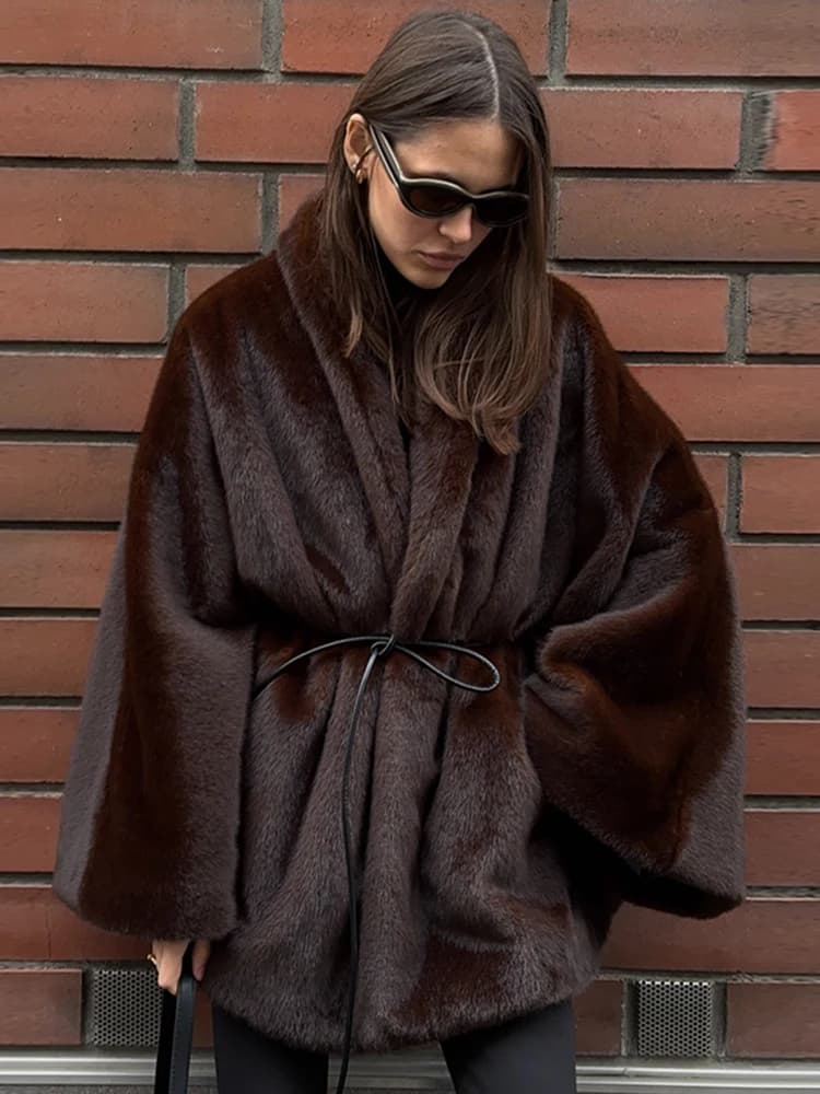 Women's Elegant Faux Fur Coat Fashion Oversized Long Sleeve Warm Belt Waist Jacket Lady 2026 Spring New Chic Street Outerwear