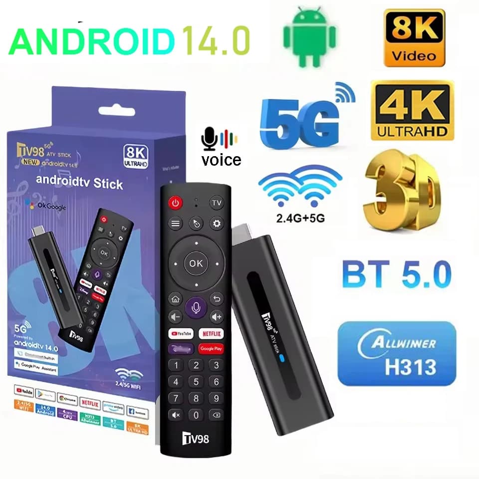 TV98 ATV Stick Smart Android 14.0 2GB 16GB Allwinner H313 HD 8K 4K Player 4G 5G Wifi Support OTA BT5.0 Voice Remote IPTV