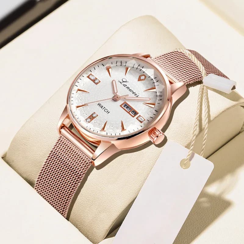 Elegant Women’s Watch with Calendar – Ultra-Slim Mesh Band & Luminous Dial for Work or Daily Use