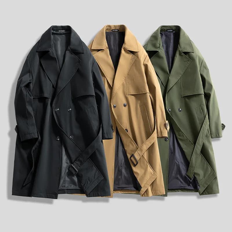Mens Long Trench Coat Military Green Slim Fit Double Breasted Notched Lapel Jacket Windbreaker Spring Autumn Casual Outdoor Coat