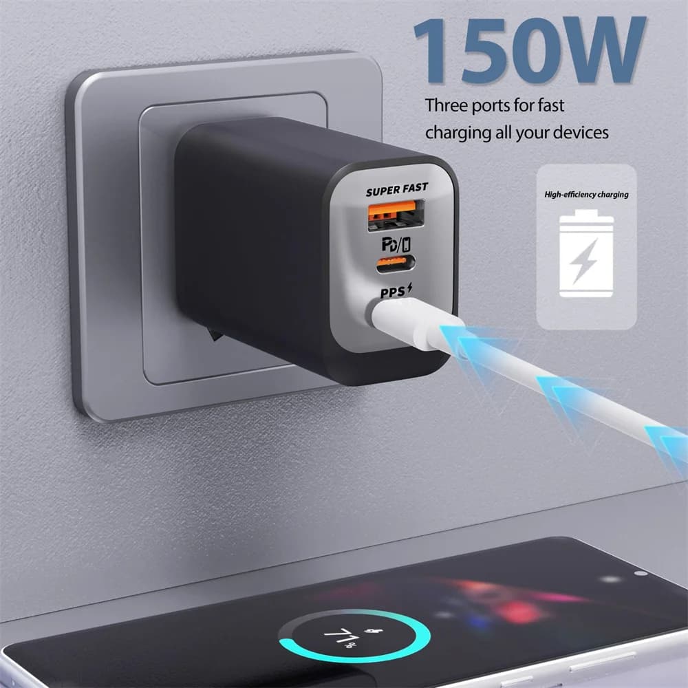 USB Type C 150W Charger USB QC3.0 Fast Charging Mobile Phone Charger Travel Adapter For iPhone 17 Samsung Xiaomi EU/UK/US Plug