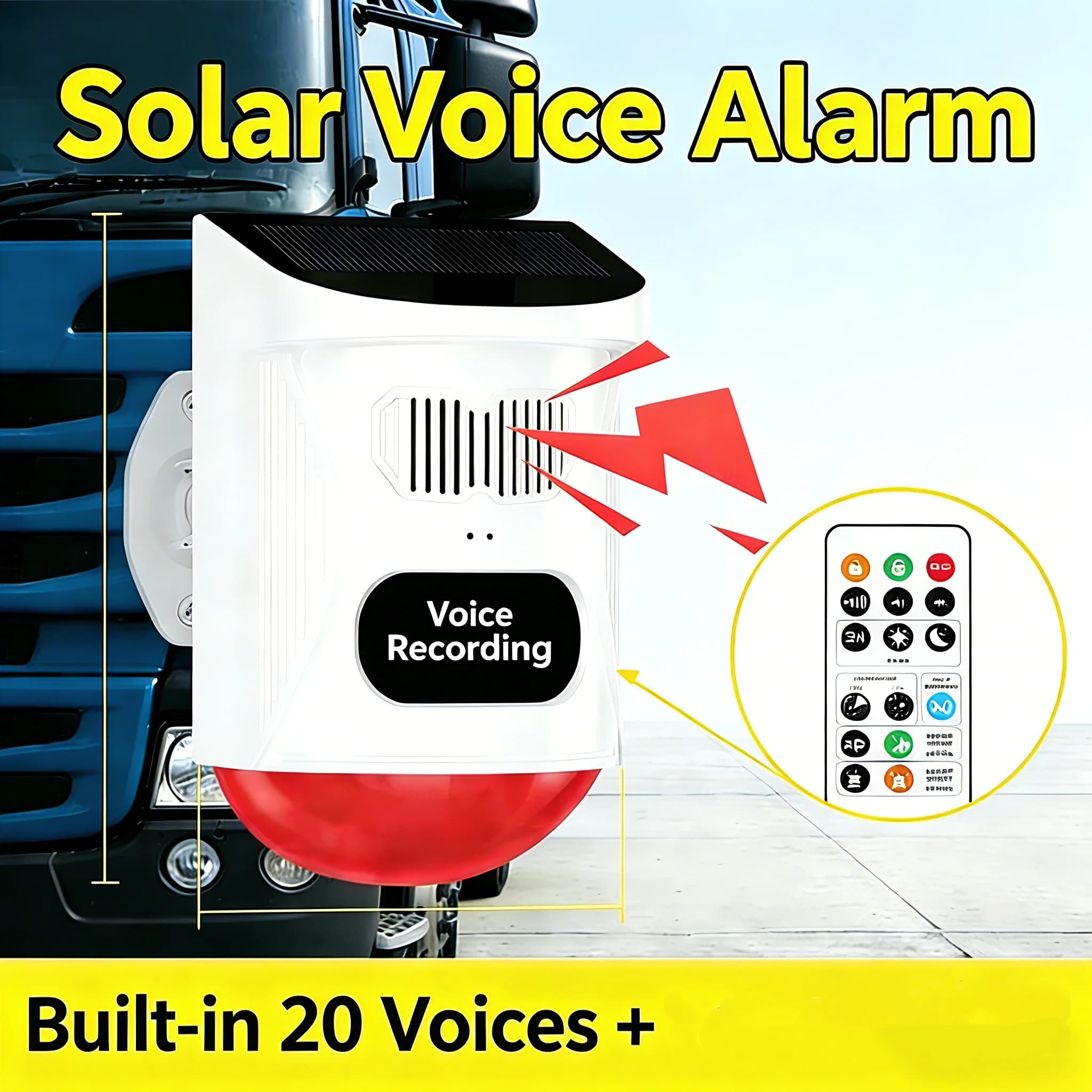Solar Powered Voice Security Alarm - Waterproof, Motion Activated, with Recording & Remote