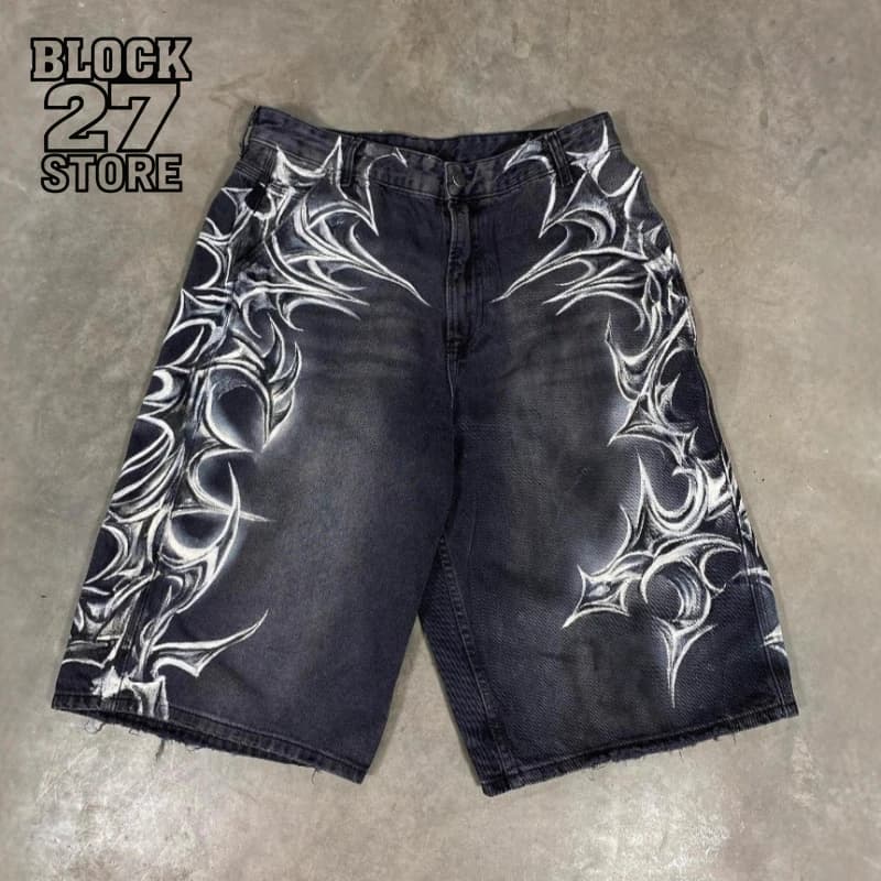 Mens Shorts Gothic Print Vintage Denim Harajuku Unisex Loose Fit Hip Hop Streetwear Summer Five Length Casual Fashion Trend New