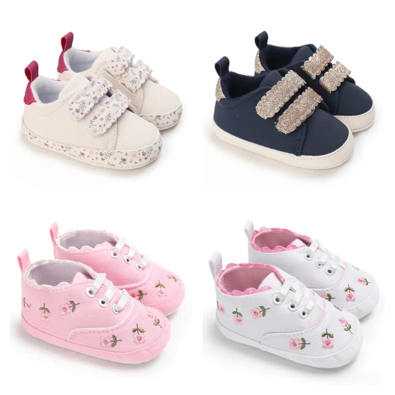 Baby Shoes Infant Pre-Walker Shoes, Floral Embroidery/ Bow Princess Sneakers, Soft Sole Casual Footwear for Baby Girls0-18M