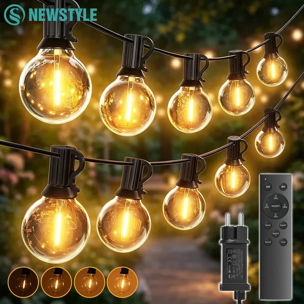 Outdoor String Lights 18M-35M G40 Bulbs IP44 Waterproof Dimmable Hanging Connectable Outdoor Lights 24V Low Voltage with Remote