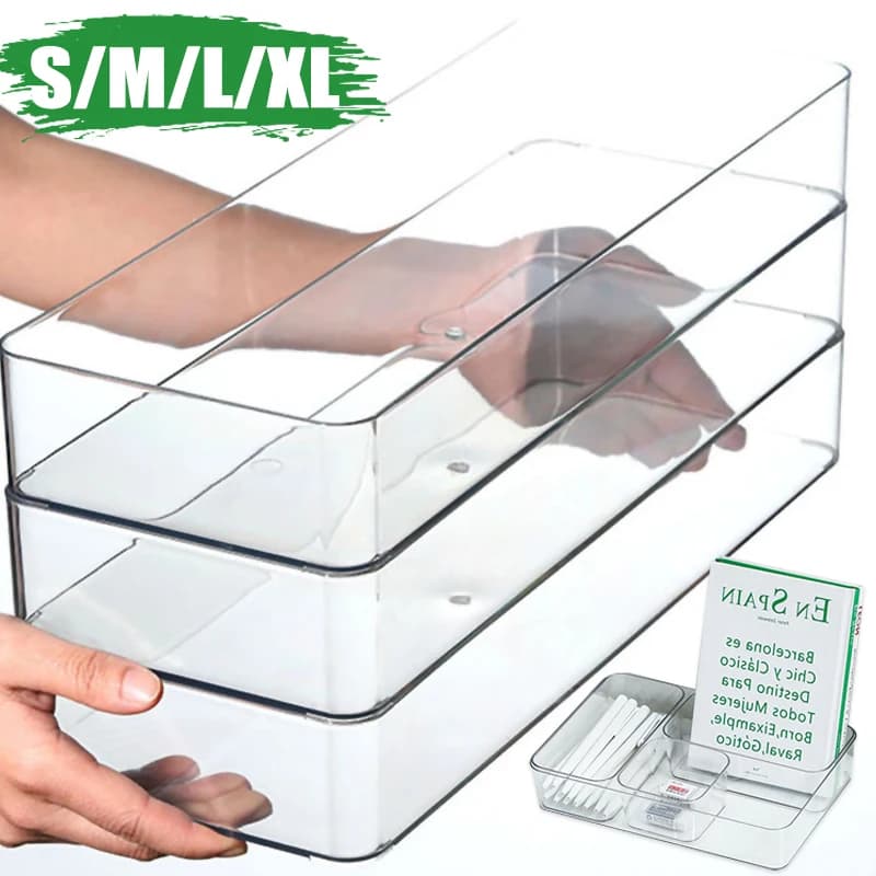 Desk Drawer Organizers Clear Cosmetic Storage Box Transparent Stationery Organizer Storage Bin Kitchen Bathroom Organizer Tools