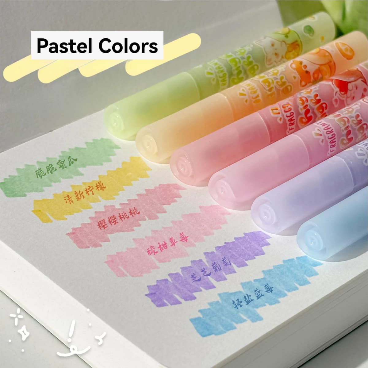 1 Set of 6 Different Colored Fruit-Scented Highlighters, Soft Pastel Highlighters for Office Use, Non-Toxic Scented Highlighters with Beveled Tip Suitable for School and Office