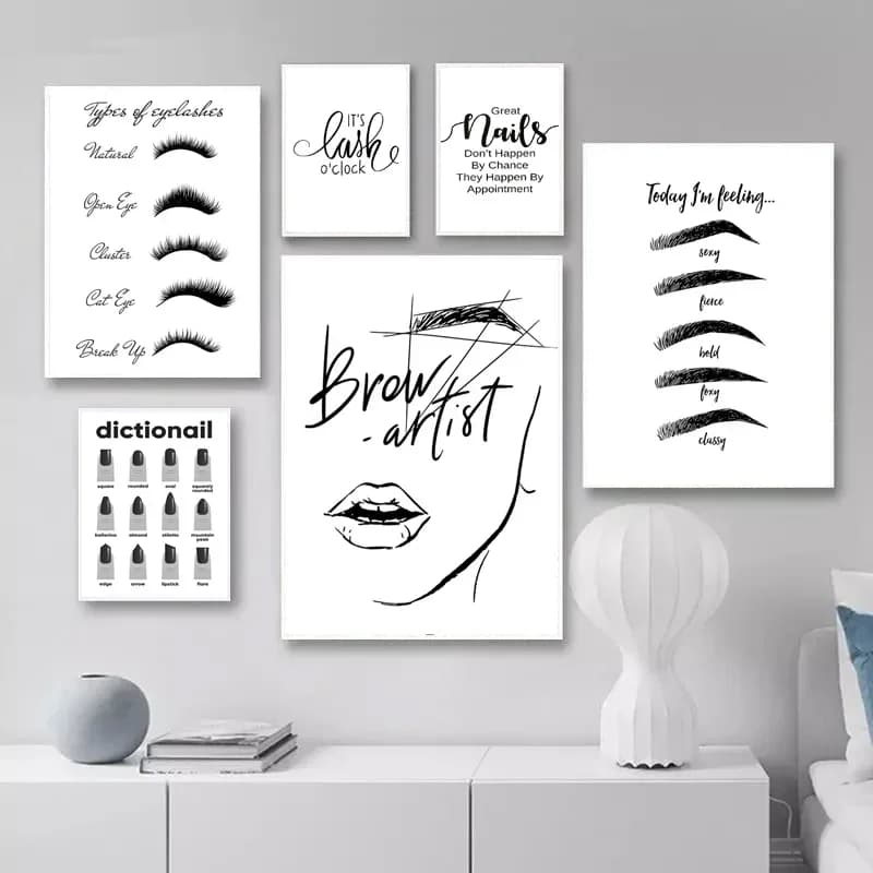 Canvas Paintings Modern Beauty Salon Poster Lash Eyebrow Nail Art Technician Room Decor Black White Decorative Wall Picture Deco