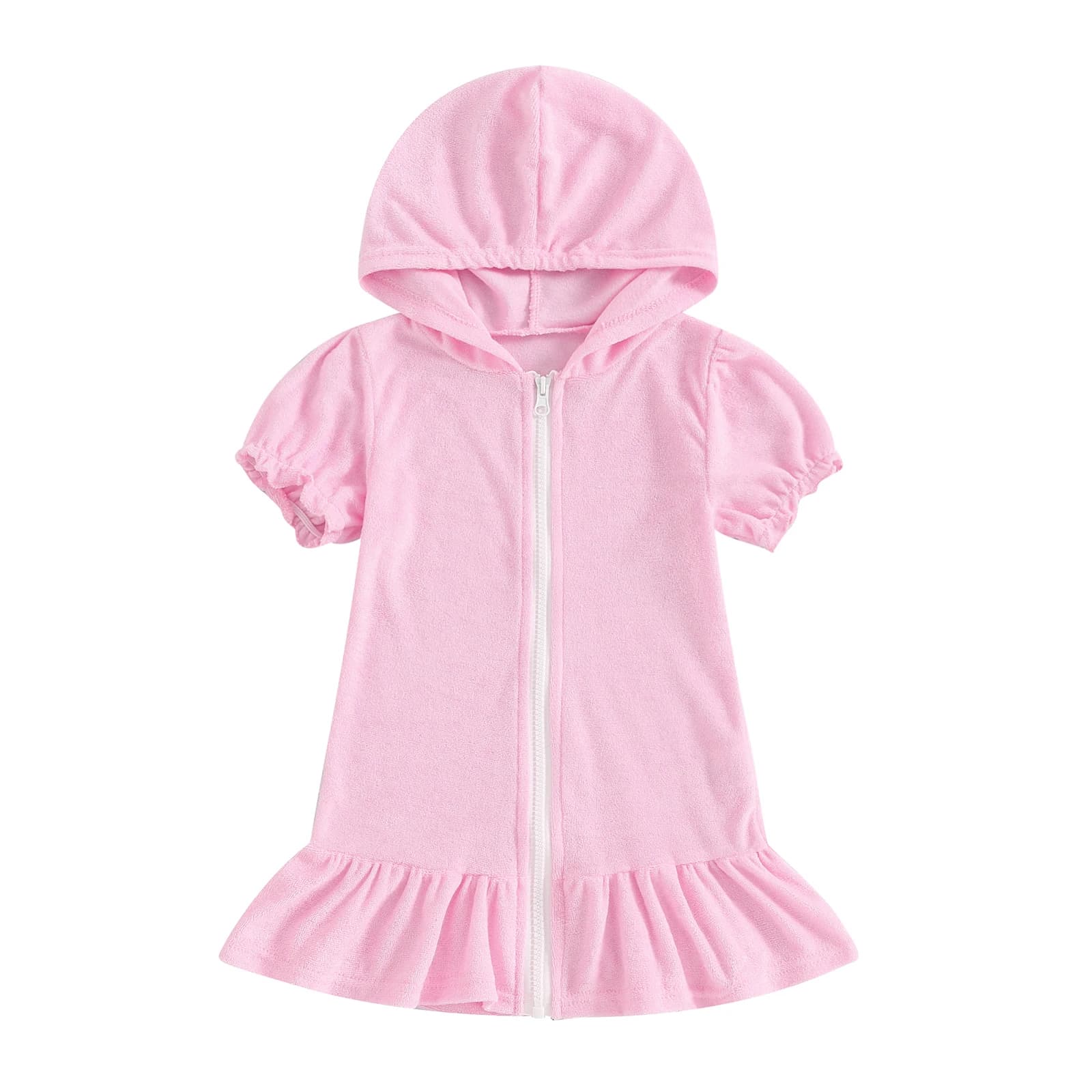Girls Swimwear Cover-ups Solid Color Short Sleeve Zipper Ruffle Beach Dress Toddler Bathing Suit Kids Bikini Cover Up 1-8Y