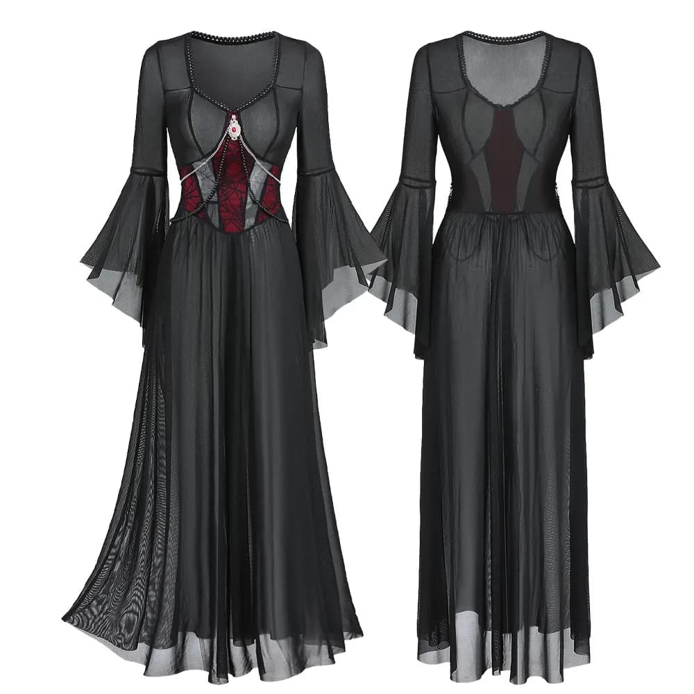 Gothic Dresses For Girls, Black Flare Sleeves Spider Web Beading Chain Sexy Lace Sheer Mesh See Through Dress Vestidos