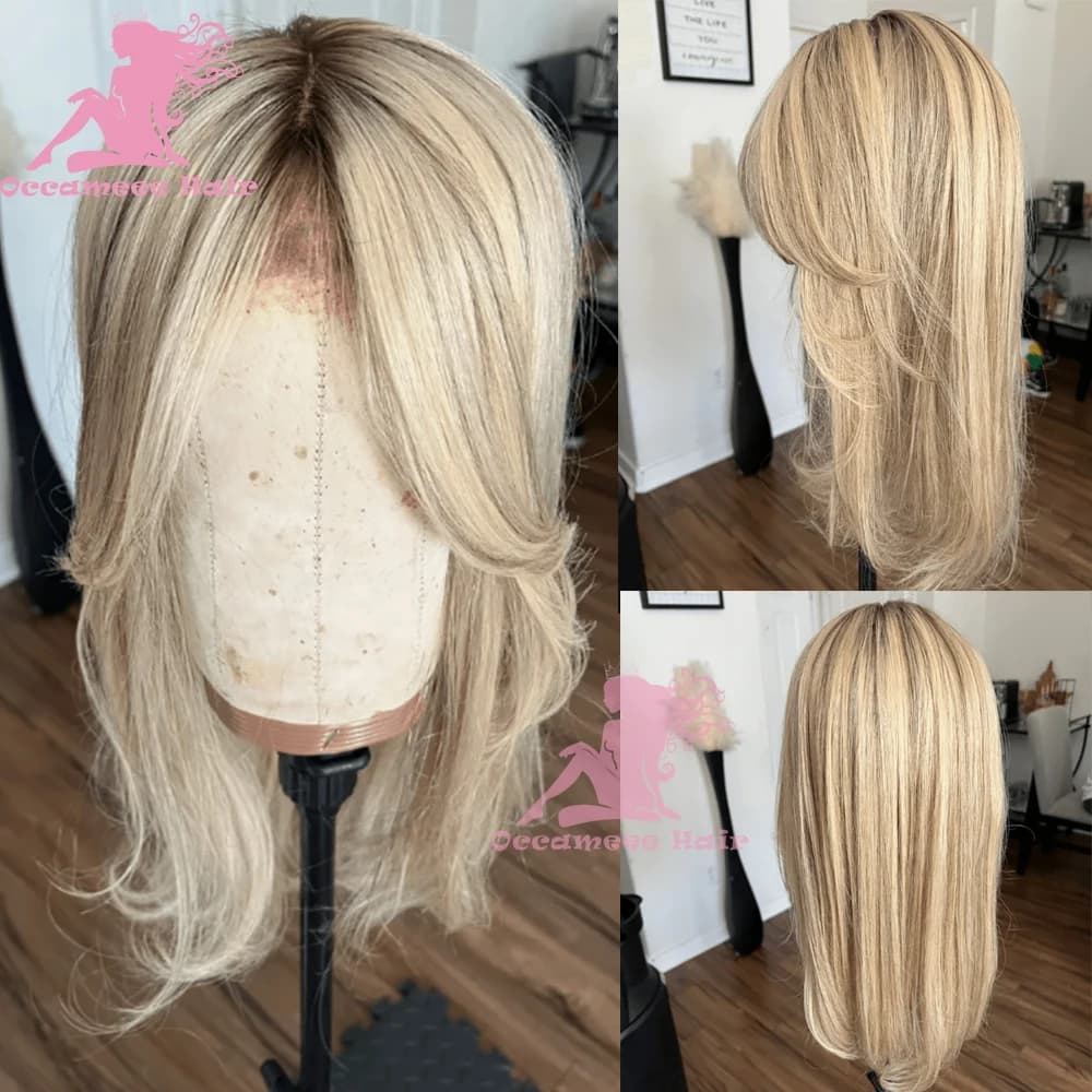 Lace Front Human Hair Wigs With Bangs Pre Plucked Hairline Ash Platinum Blonde Dark Root 613 Ombre Colored Wigs Body Wave Brazil
