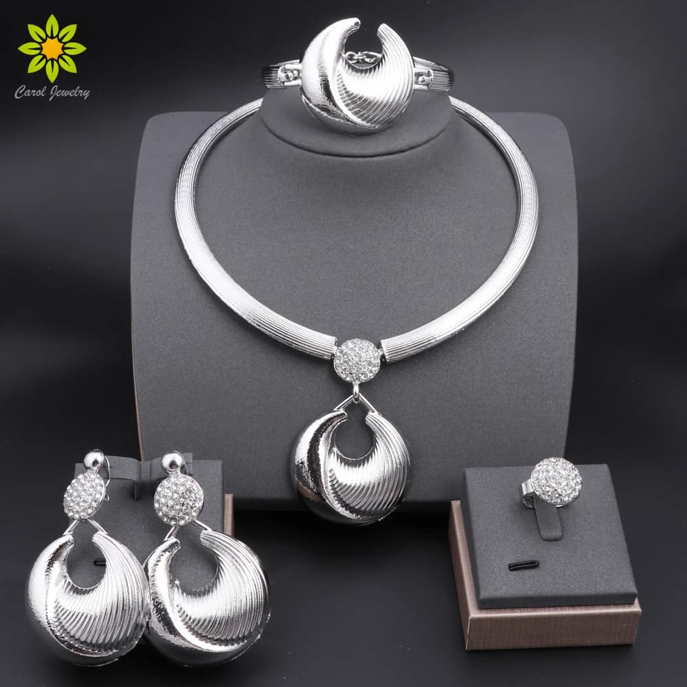 Dubai Jewelry Set For Women Silver Plated Luxury Necklace Earrings Bracelet And Ring Set Jewelry For Wedding Party Trending 