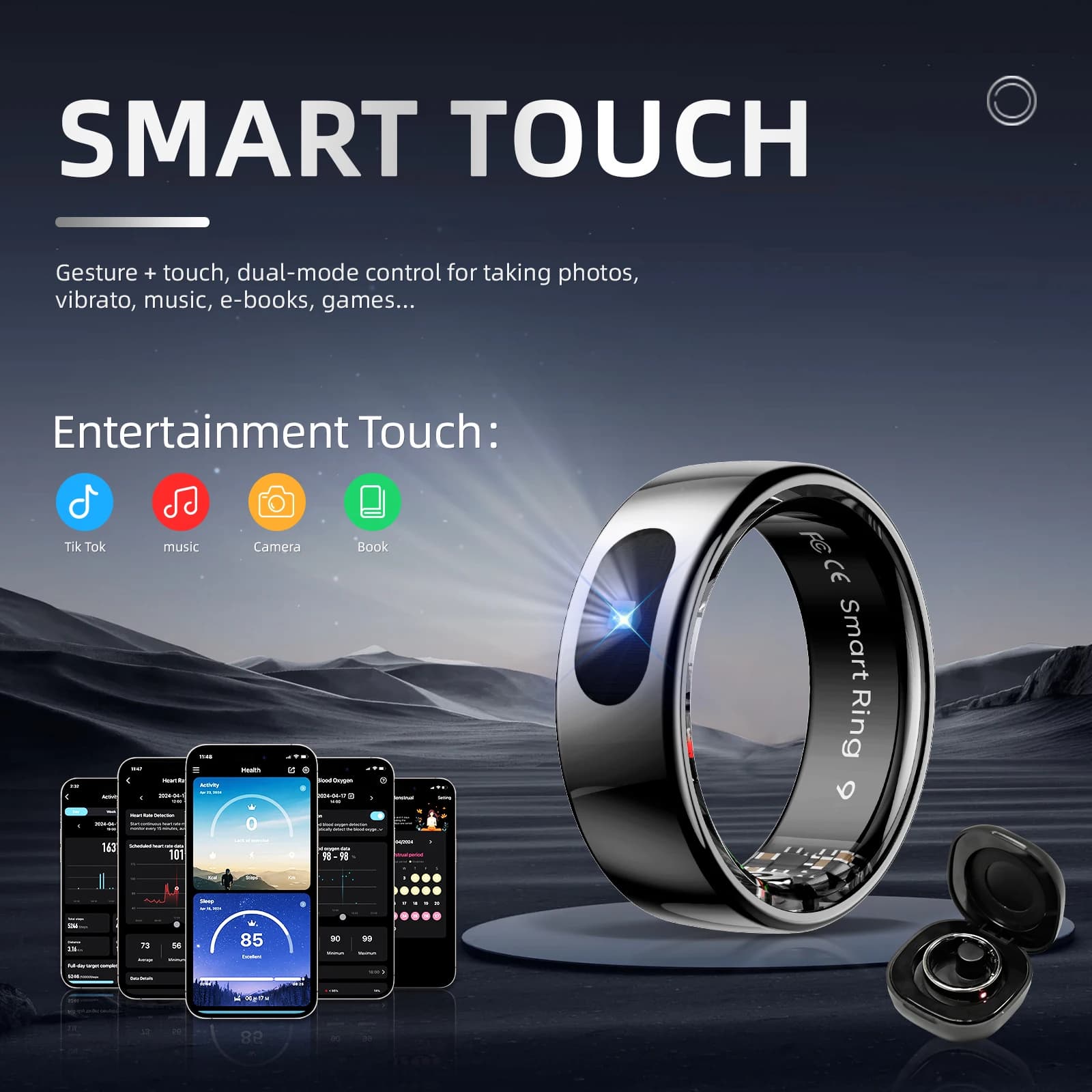 R08 Smart Ring with Charging Control Function Men Women Health Sleep Heart Rate Monitoring IP68 5ATM Waterproof Multi-sport Mode