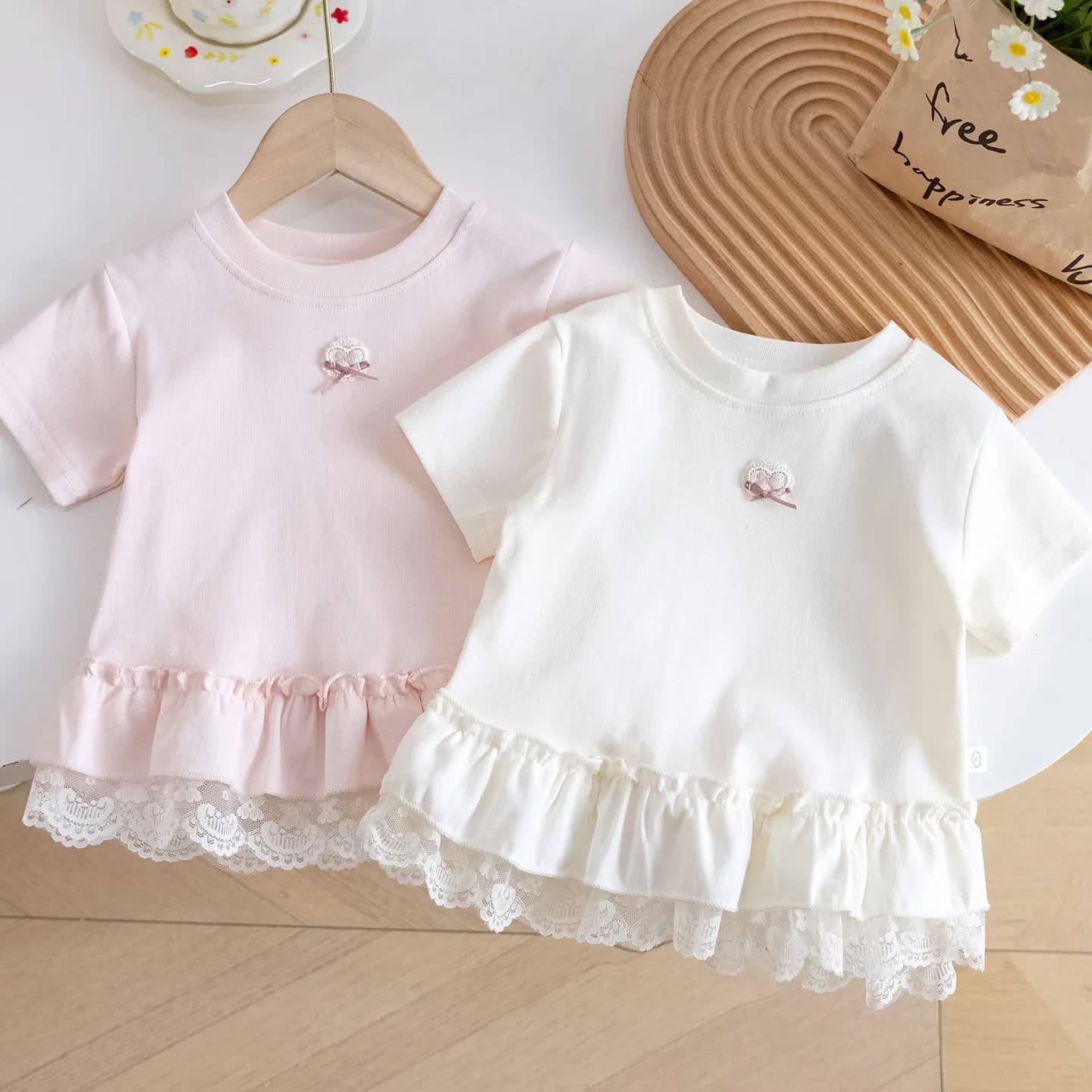 Girls T-shirt 2026 Summer New Style with Ruffled Hem Baby Cotton Breathable Top Baby Versatile Princess Thin Summer Clothes