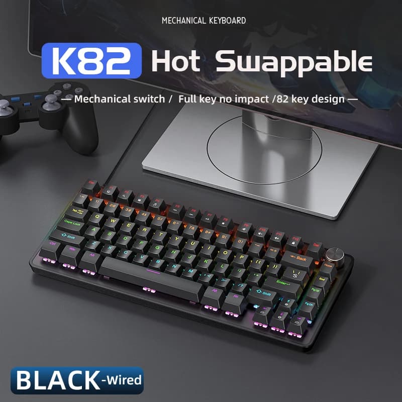 75% Mechanical Keyboard Wired with Media Knob APAYADO Black Gaming Keyboard Hot-Swap ABS Cap Transparent Character Backlighting