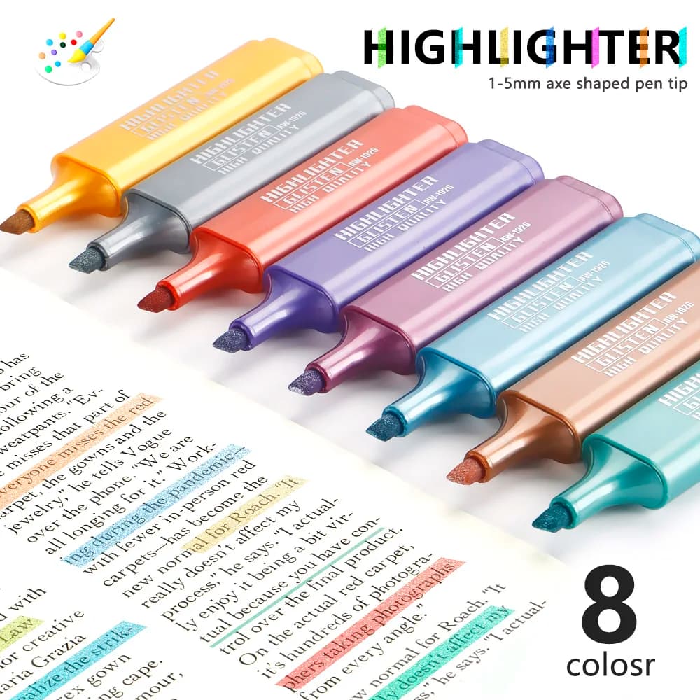 8 Colors Metallic Highlighters High Capacity Fluorescent Pen For Painting Taking Notes Office Stationery Art School Supplies.