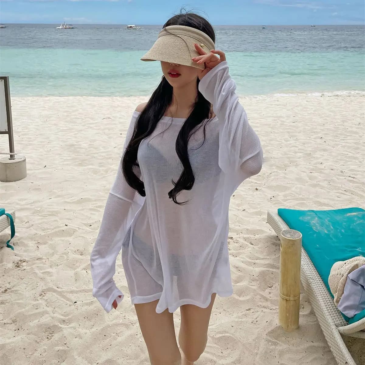 Bikini Swimsuit Cover up Women's Loose Thin Outerwear Casual Sle Long Sve One oulder T Top for Beach Vaion