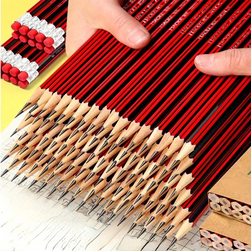 HB Wooden Pencils with Erasers - Red & Black Barrels for Writing Drawing and Sketching - Ideal for Students and Office Supplies