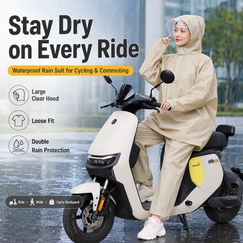 Waterproof Rain Suit for Women – Loose Fit Two-Piece Jacket & Pants, Hooded Scooter Commuting Rainwear