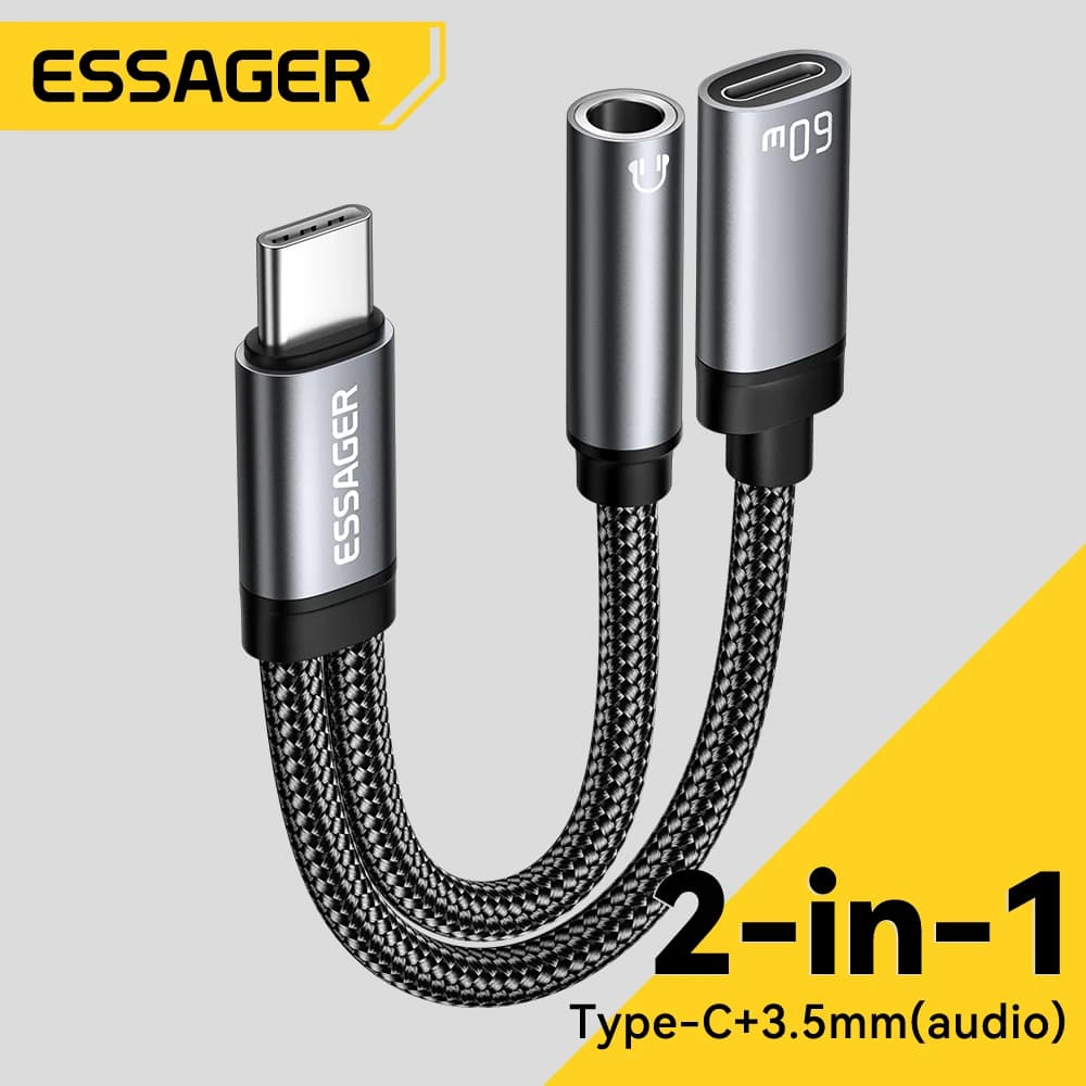 Essager 2 in 1 Type C to 3.5mm AUX Cable Headphone Adapter PD 60W Fast Charging for iPhone 16 15 Samsung Xiaomi 14 13 Tablet PC