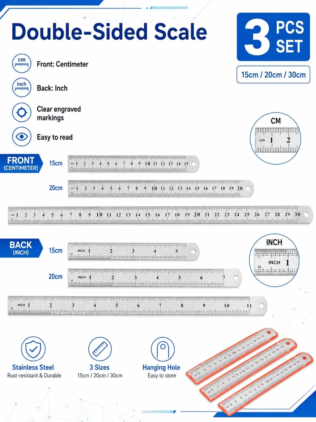 3Pcs Stainless Steel Ruler Set 15cm 20cm 30cm Double Sided Metal Rulers with Protective Sleeves for School Office