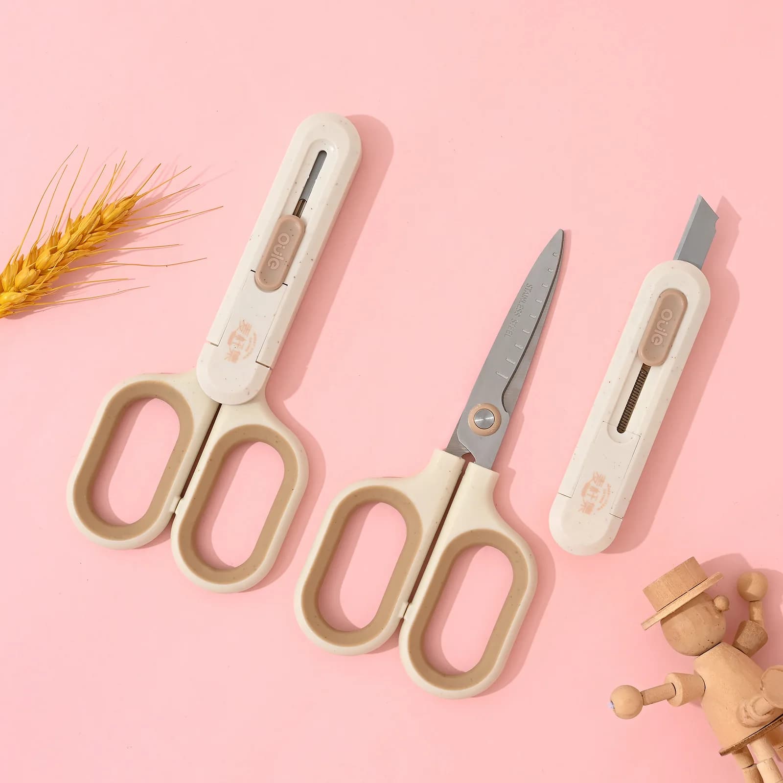 Stationery Straw Series Scissors and Utilization Knife Multifunction Two-in-1 Stainless Steel Paper Cutting Knife Office Cutting