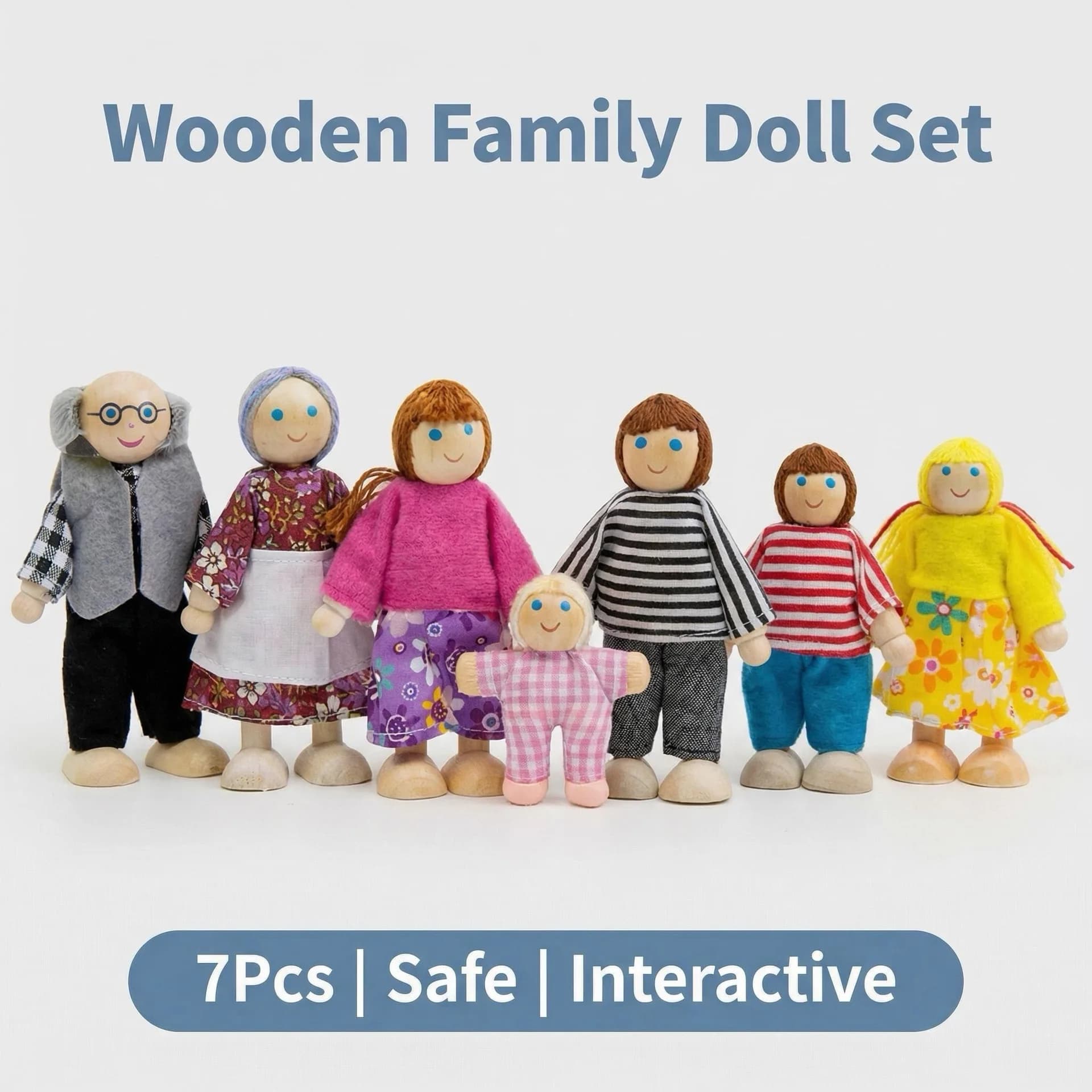 Miniature Wooden Family Dolls Set with Furniture Toy for Kids Children's Dollhouse Play Toy Gift for Boys & Girls