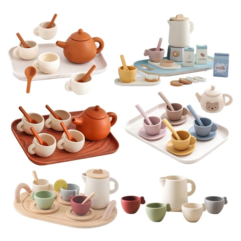 Kids Montessori Afternoon Tea Set Baby Teething Toy BPA Free Silicone Teapot and Teacups Role-Playing Kitchen Toy Baby Toy Gift