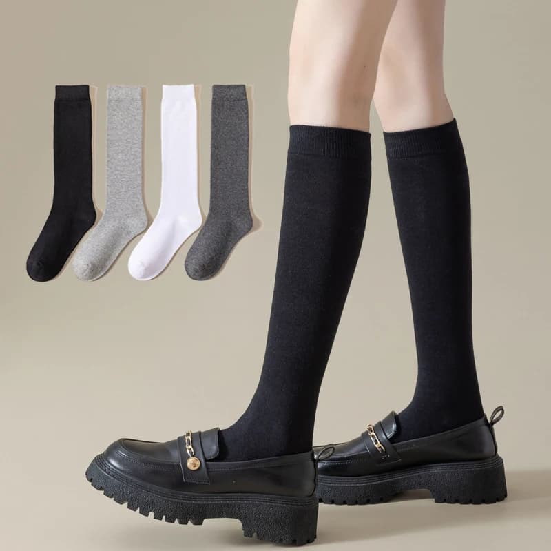 Women Long Socks Ladies Fashion Below Knee High JK Socks Solid Colors Cotton Black Gray White Socks Japanese Trendy Korean Style