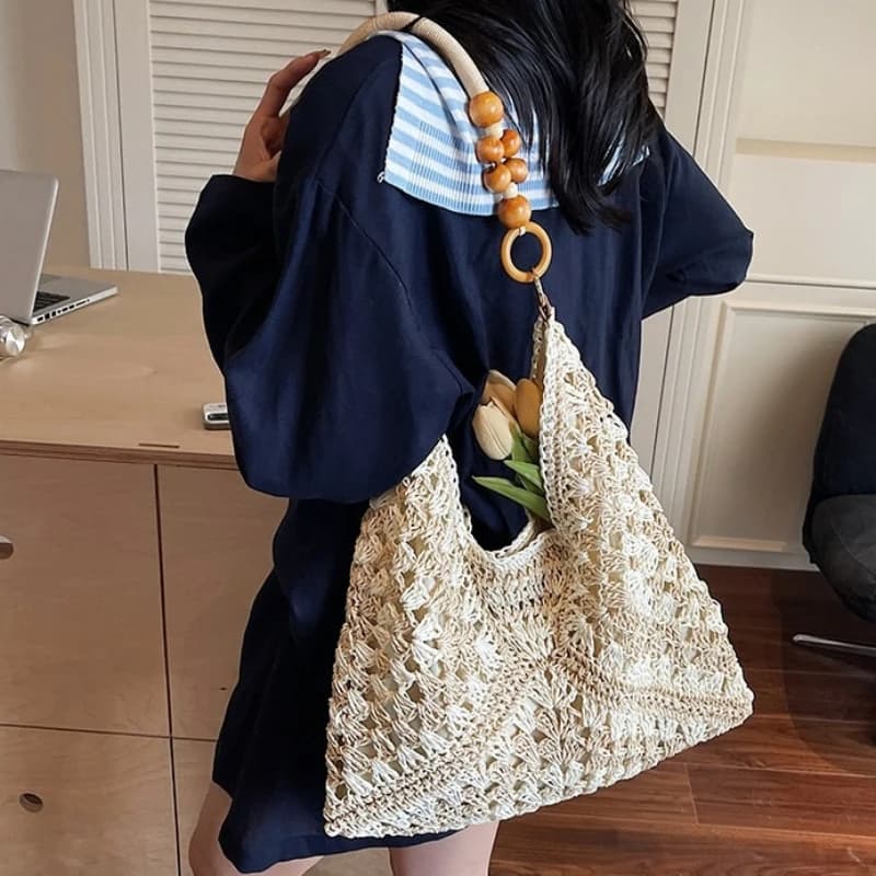 Straw Woven Tote Bag Beach Handbag Bohemian Beach Bag Large Capacity Bucket Bag Hollow Shoulder Bags Holiday 2026 Hollow Out