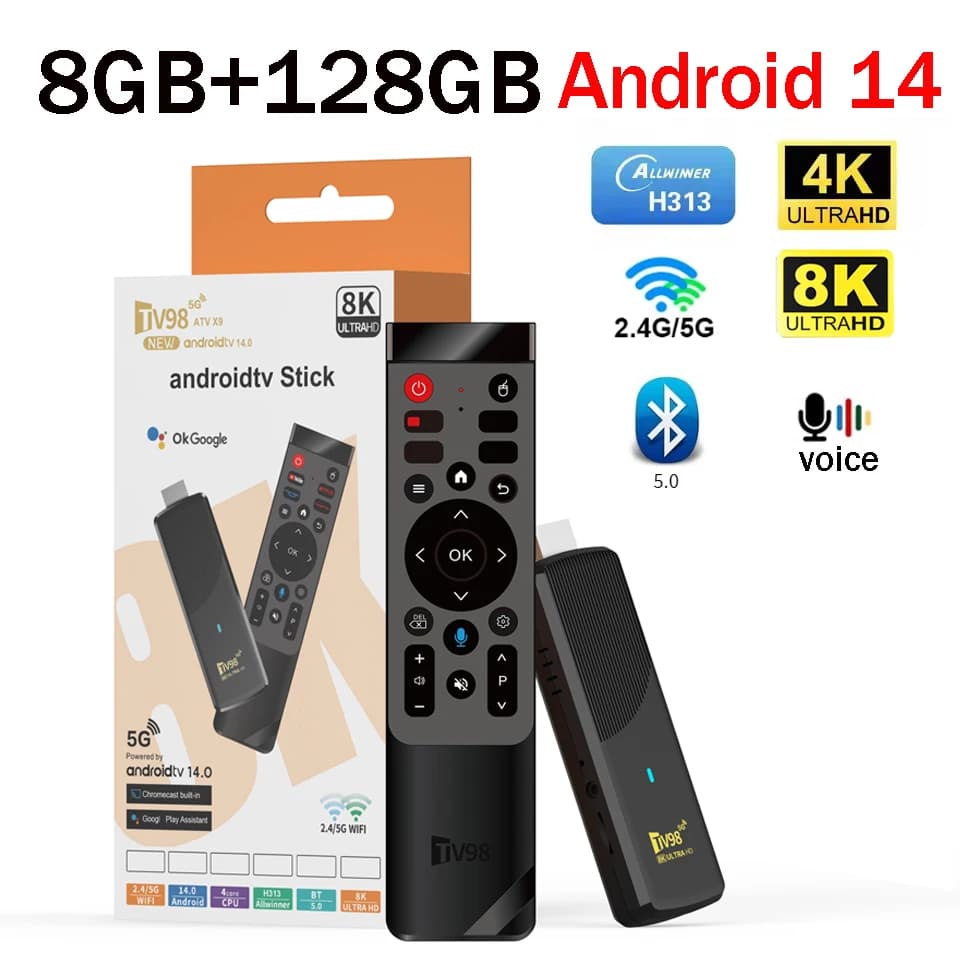 TV Stick Android 14 Full HD 4K 8K 8GB 128GB 4G 5G WiFi 6 Voice Control BT5.0 Allwinner H313 Quad Core Video Media Player IPTV