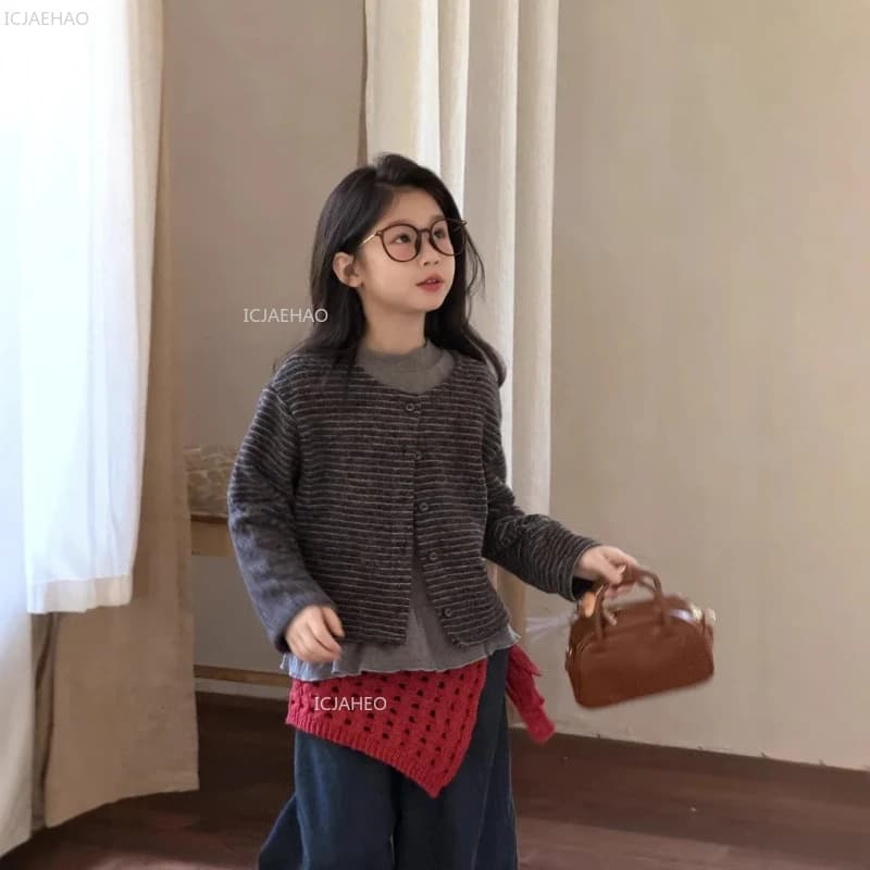 Girls Korean Style Toddler Soft Cotton Blend Casual Kids Outerwear Striped Cardigan Round Neck Open Front Coat Autumn Children