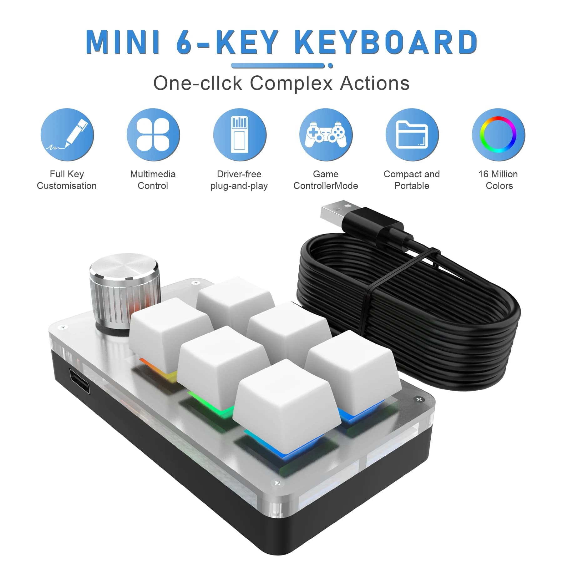 6 Key 1 Knob Keyboard Wired Custom RGB Programming Macro Gaming Keypad Copy Paste PS Mechanical Keyboard Hot Swap Macro Keyboard