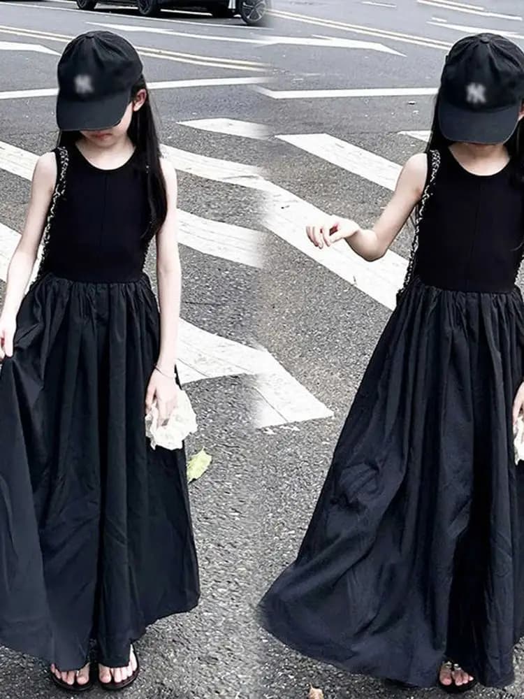 Girls Summer Dress Elegant Children's Clothing Sleeveless Vest Dress Long Skirt Simple Style Daily Wear Pure Color A-Line Skirt