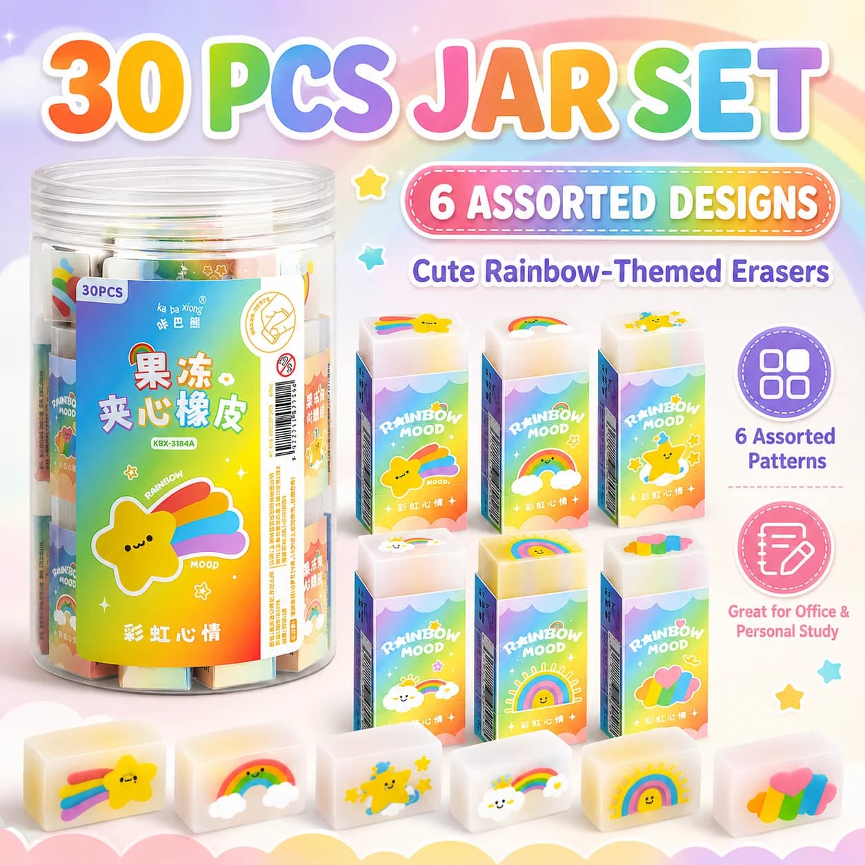 30Pcs Erasers,6 Assorted Cartoon Designs Eraser Pencil Erasers for School Suies,Classroom Prize Party Favor Stationery Gifts