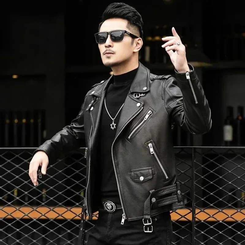 Men Outdoor Sport Leather Jacket Motorcycle Cool Coat Jacket Men Lapel Leather Jackets Mens Fashion Clothing Real Leather Coat