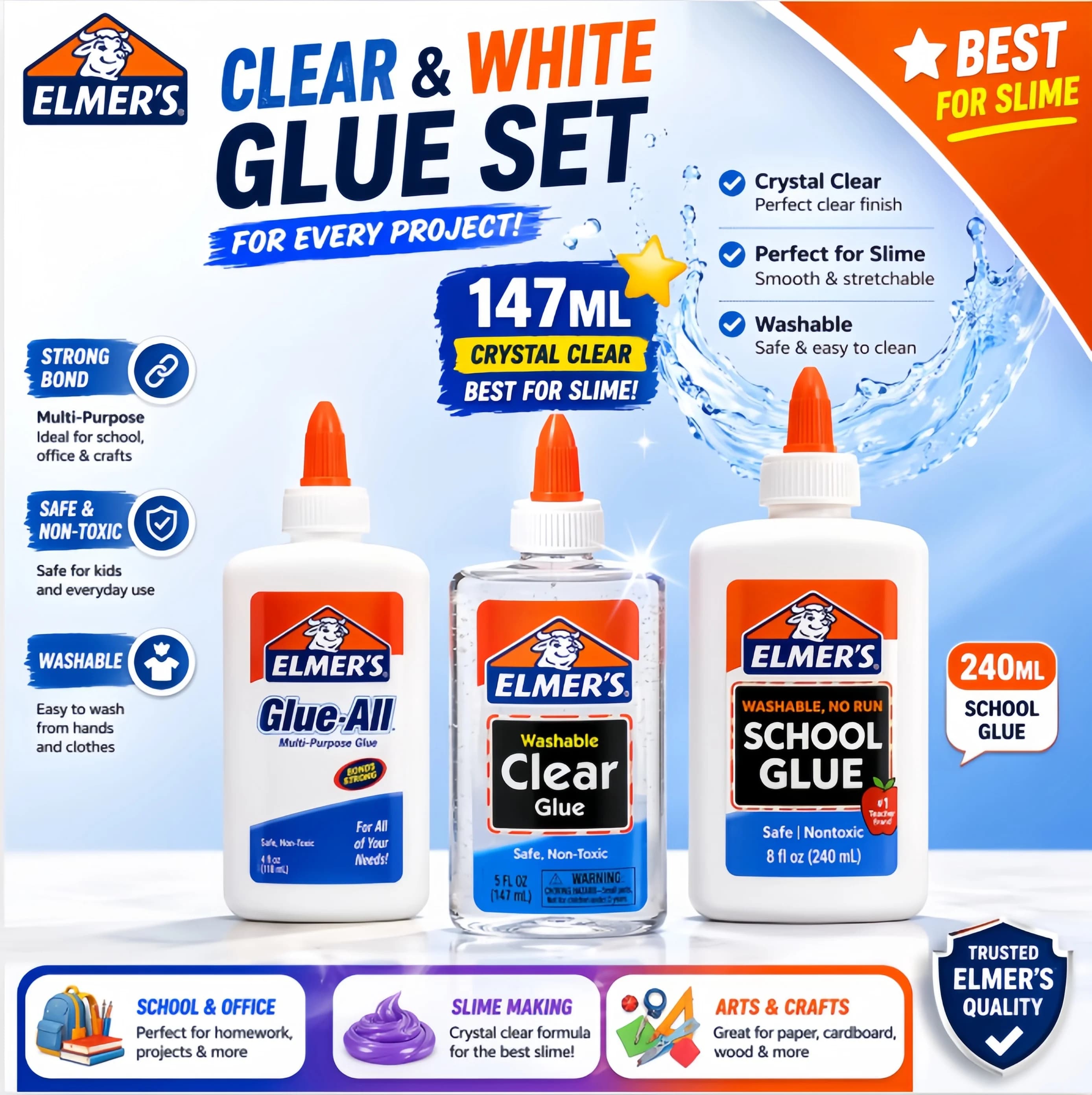 Elmer’s Glue 118ml 147ml 240ml Slime Glue Washable Non Toxic All Purpose for Slime Craft Paper School DIY Adhesive