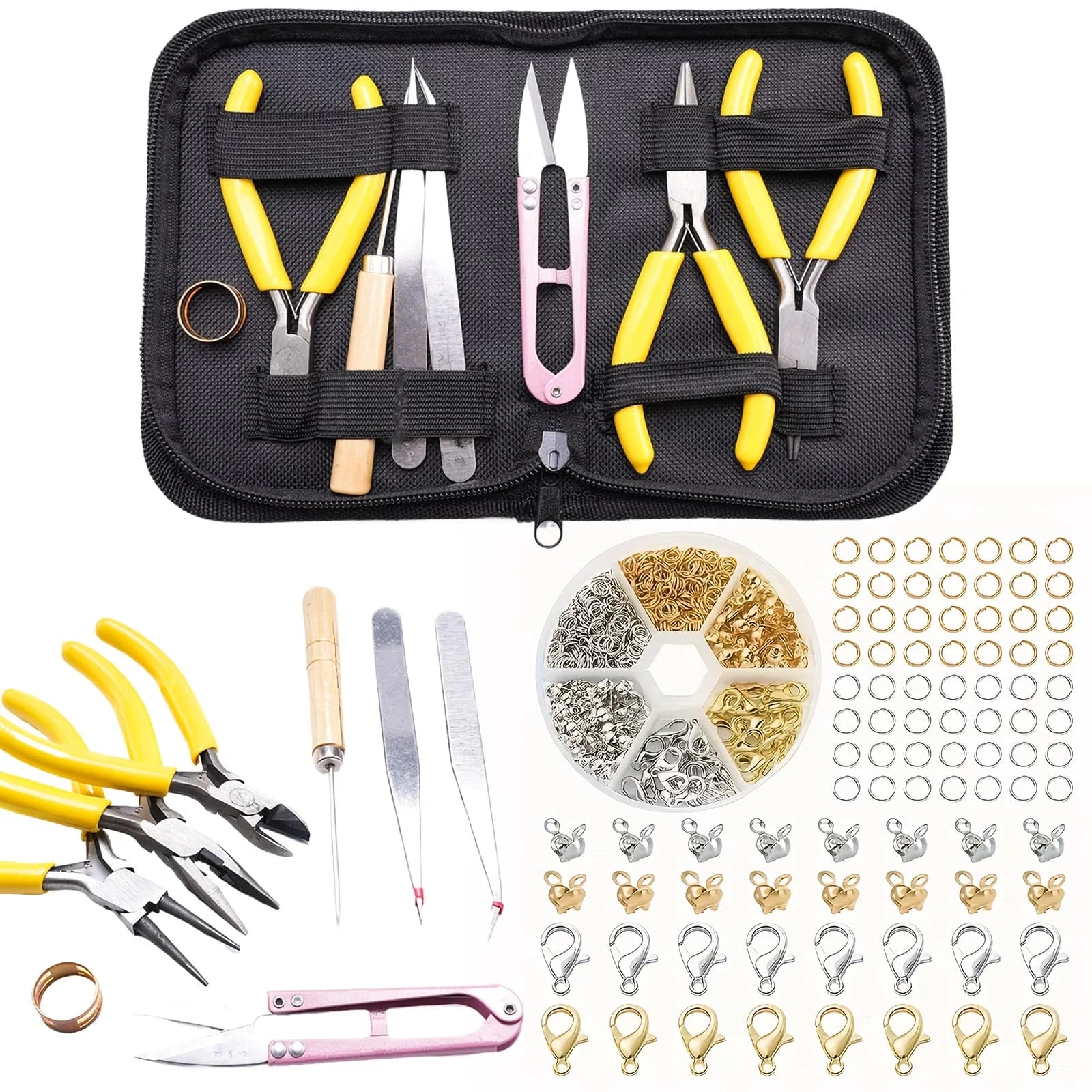1 set of yellow jewelry making tool set, DIY handmade tool bag including hand pliers, scissors, tweezers, jump ring opener