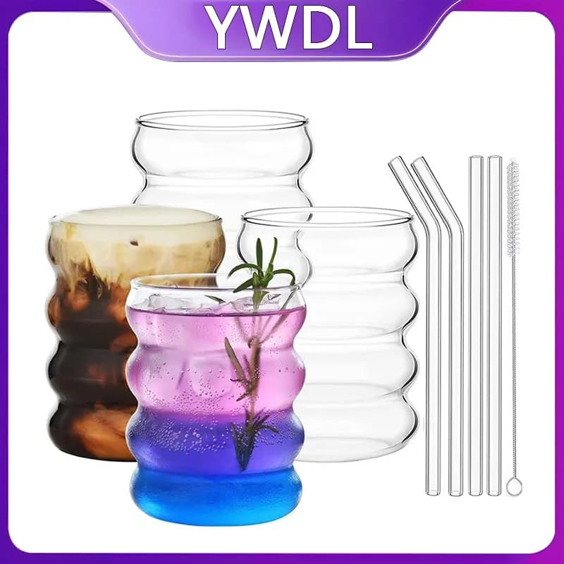 YWDL 4pcs Glass Cups Coffee Mug Clear Drinking Glasses Ribbed Glassware Cups With Straws Set Cocktail Fruit Glass Drinkware