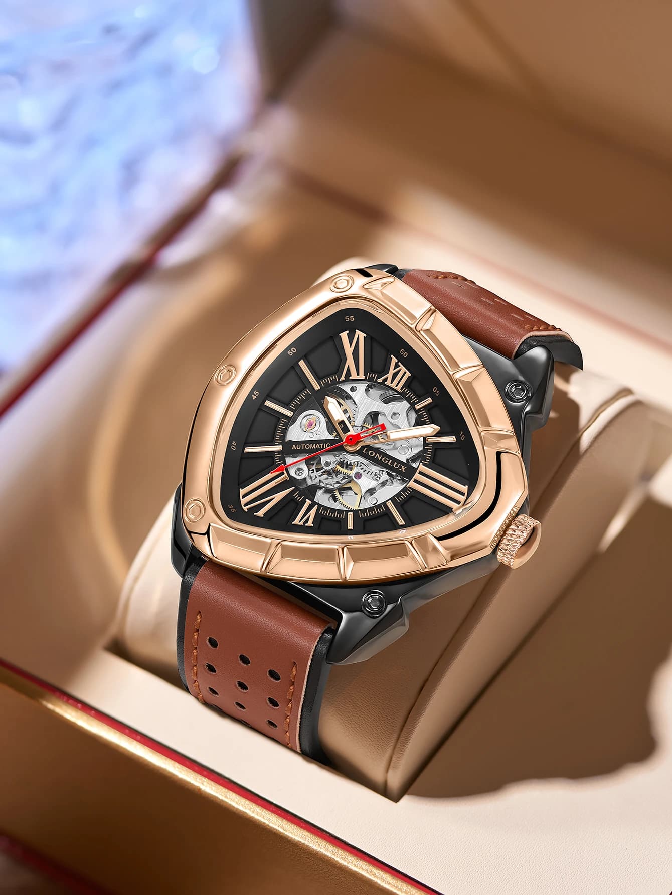 Men Automatic Watch Explore Outdoors Style Mechanical Watches Retro Triangle Skeleton Leather Waterproof Luminous Mens Watch
