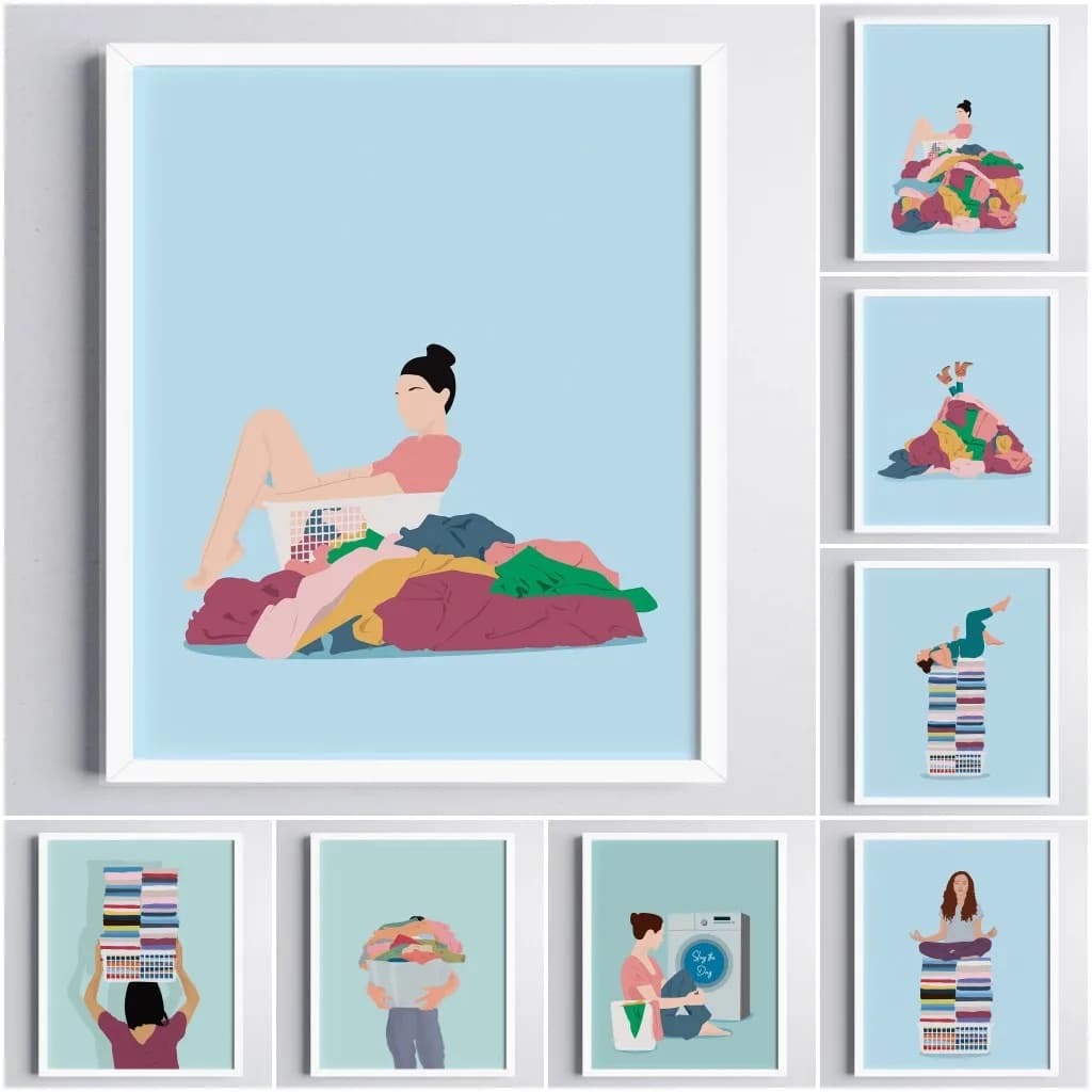 Pastel Colors Art Print Laundry Day Canvas Painting Floating on Clothe Funny Poster Pictures Bedroom Bathroom Home Decor