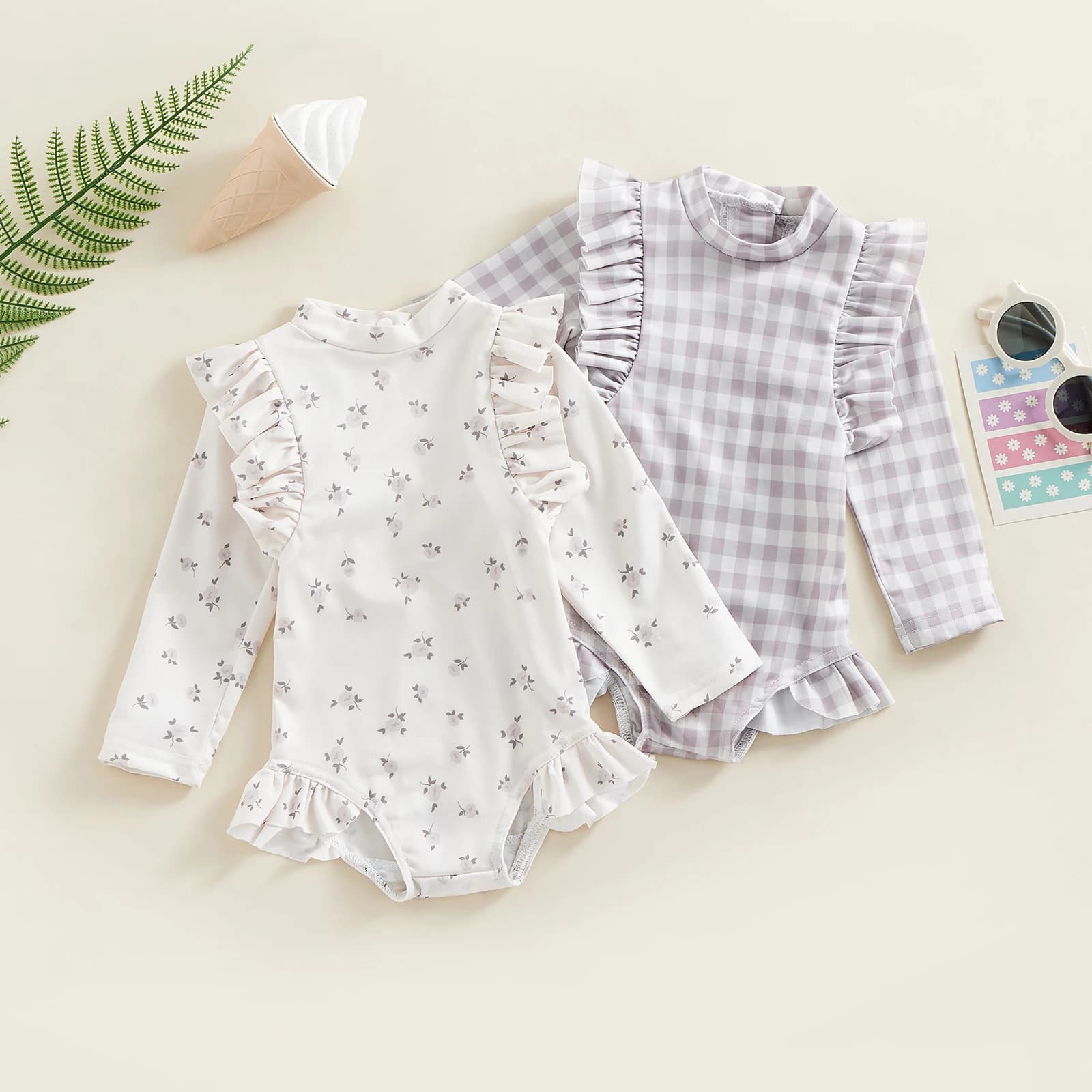 Kids Baby Girls Swimwear Floral/Plaid Ruffle Long Sleeve Crew Neck Swimsuit Bathing Suit Children Girl Beachwear for 0-4 Years